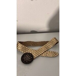 Boho Woven Leather Wide Waist Belt Gold Metallic Medallion